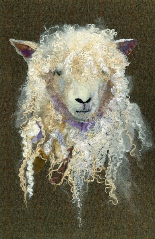 Barbara Shaw: Cotswold Sheep #1, 2007, Fabric scraps including lace, chiffon, organza, cotton, silk and sparkly material as well as wool. Grey thread to hand stitch the pieces together in layers