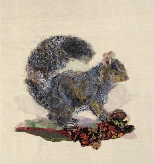 Barbara Shaw: Squirrel, 2018, Fabric scraps including lace, chiffon, organza, cotton, silk and sparkly material. Grey thread to hand stitch the pieces together in layers