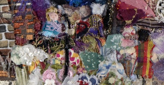 Barbara Shaw: Thame Flower Seller (Detail), 2018, Materials used: Carefully selected scraps of fabric including lace, chiffon, organza, cotton, silk and sparkly material. Grey thread to hand-stitch the pieces together in layers