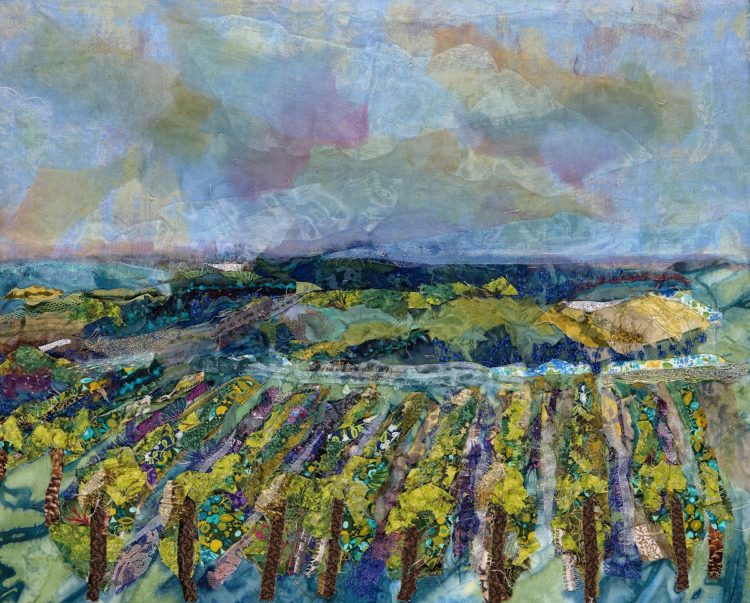 Barbara Shaw: Vineyard in September, 2018, Fabric scraps including lace, chiffon, organza, cotton, silk and sparkly material. Grey thread to hand stitch the pieces together in layers