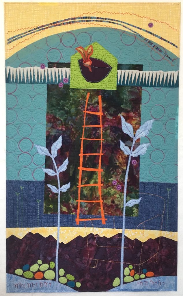 Deborah Boschert: Glossary, 2018, commercial and original surface design fabrics, paint, thread; fused applique, print making, hand embroidery, free motion quilting