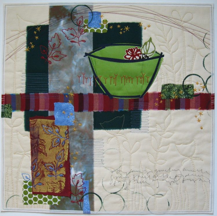 Deborah Boschert: Green Bowl Gathering, 2016, commercial and original surface design fabrics, paint, thread; fused applique, print making, hand embroidery, free motion quilting