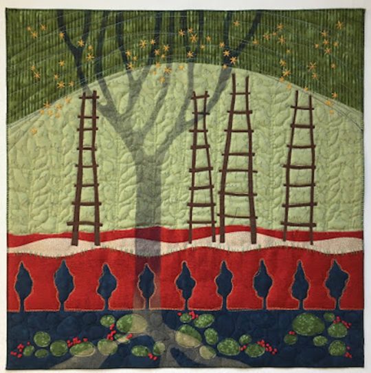 Deborah Boschert: Limbs, Ladders, Roots and Rocks, 2016, commercial and original surface design fabrics, paint, thread; fused applique, print making, hand embroidery, free motion quilting