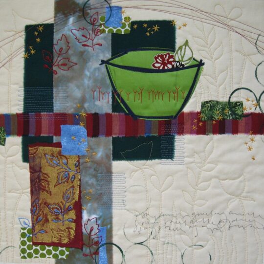 Deborah Boschert, Green Bowl Gathering, 2016. 45cm x 45cm (17½" x 17½"). Raw edge fused appliqué, surface design, hand embroidery and free motion quilting. Fabric, paint, ink and thread.