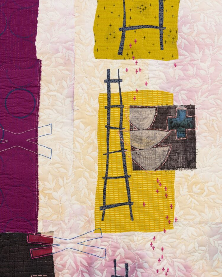 Deborah Boschert, Cuts and Bruises (detail), 2020. 152cm x 101cm (60" x 40"). Raw edge fused appliqué, surface design, hand embroidery and free motion quilting. Fabric, paint, ink and thread. Photo: Jason Voinov.