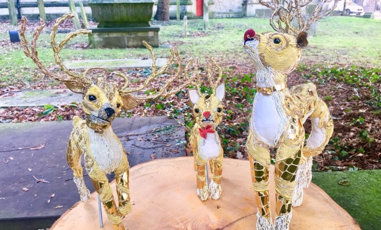 Georgina Bellamy: A Trio of Golden Reindeer, 2018, Goldwork, Stumpwork and Wood