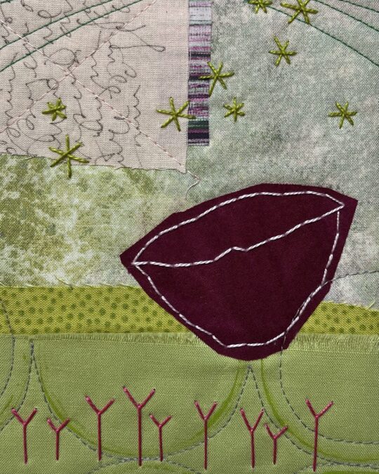 Deborah Boschert, Holding Possibilities #6 (detail), 2023. 15cm x 10cm (6" x 4"). Raw edge fused appliqué, surface design, hand embroidery and free motion quilting. Fabric, paint, ink and thread.