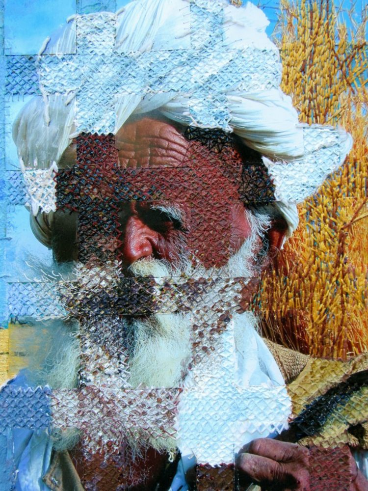 Gregory Wilkins: Jaipur, India: Portrait Number 2 (Detail), 2015, Colour photography, acrylic paint, ink, graphite, sewing thread, embroidery thread, collage on canvas