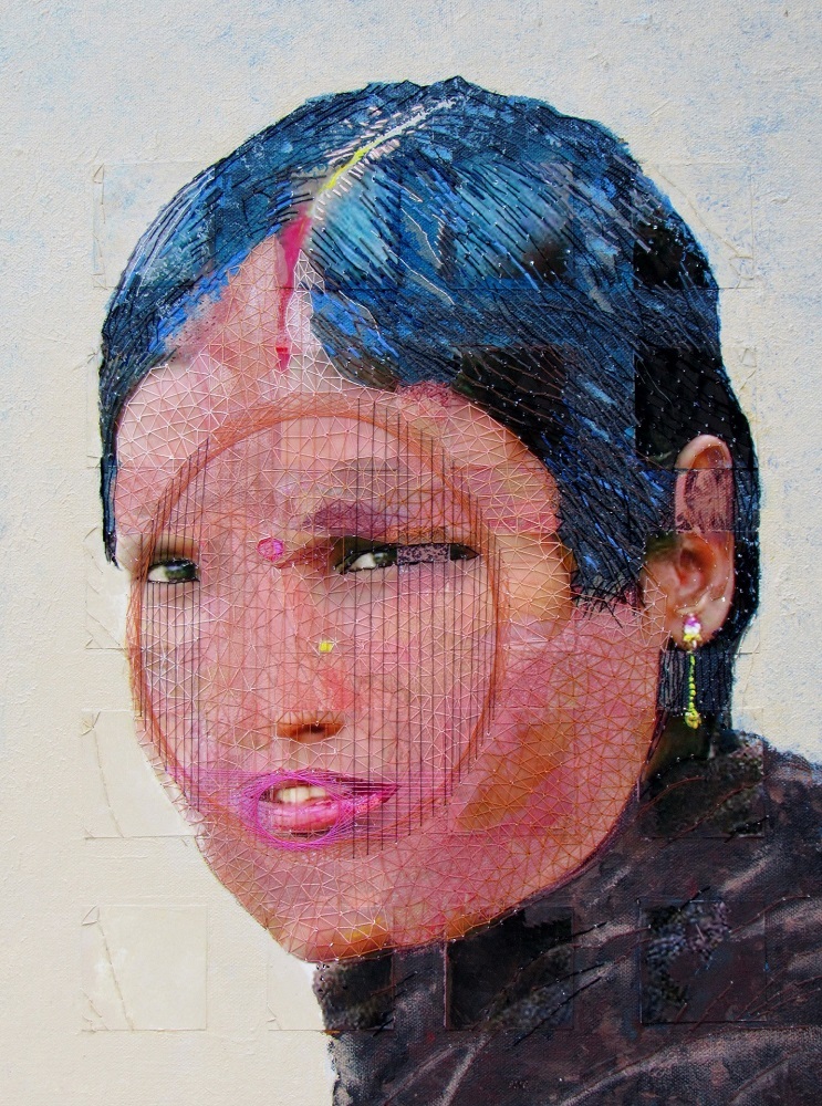 Gregory Wilkins: Varanasi, India: Portrait Number 1, 2017, Colour photography, acrylic paint, ink, graphite, embroidery thread, sewing thread, yarn, collage on canvas