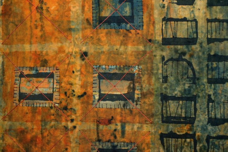 Claire Benn: Decomposition (Detail), 2010, Cotton, fibre reactive dyes, acrylic felt (the backing), cotton thread. Screen printing, thermofax printing, mono printing, hand stitch