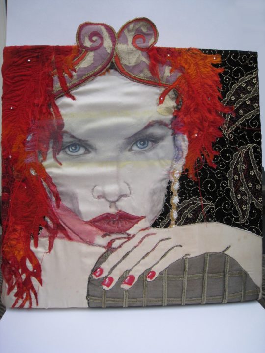 Deanna Tyson: Annie Lennox, 2015, 40cms x 40cms, Various silks, satin, nets, lace, appliqué, silk paints, reverse appliqué, machine stitch, free machine embroidery