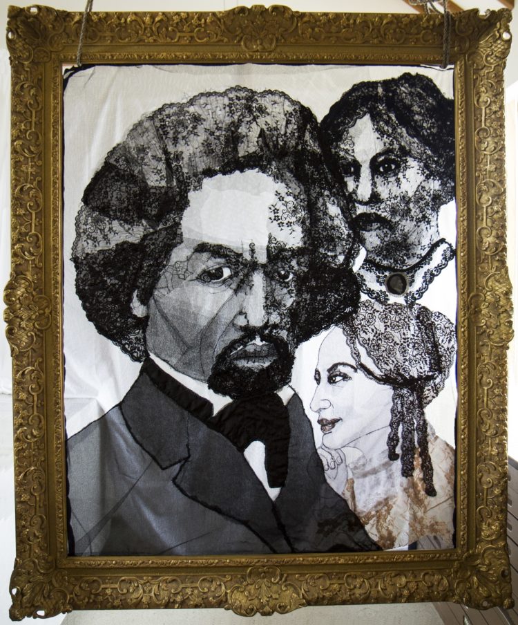 Deanna Tyson: Frederick Douglas with his First and Second Wives, 2019, 150cms x 125cms, Net, lace, tulle, machine and hand stitch
