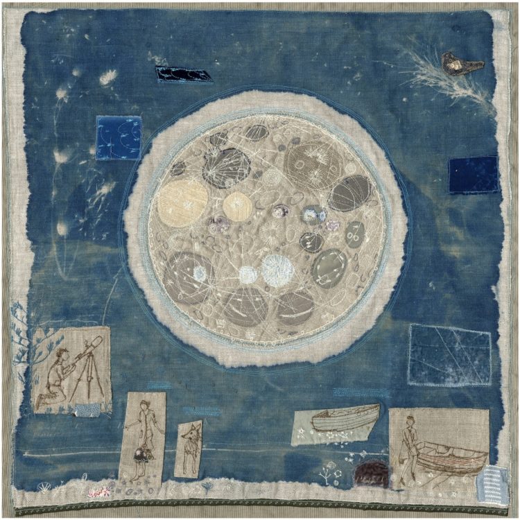 Michelle Holmes: Full moon over the sand dunes,  2015, Cyanotype, free machine embroidery, hand stitching, appliqué