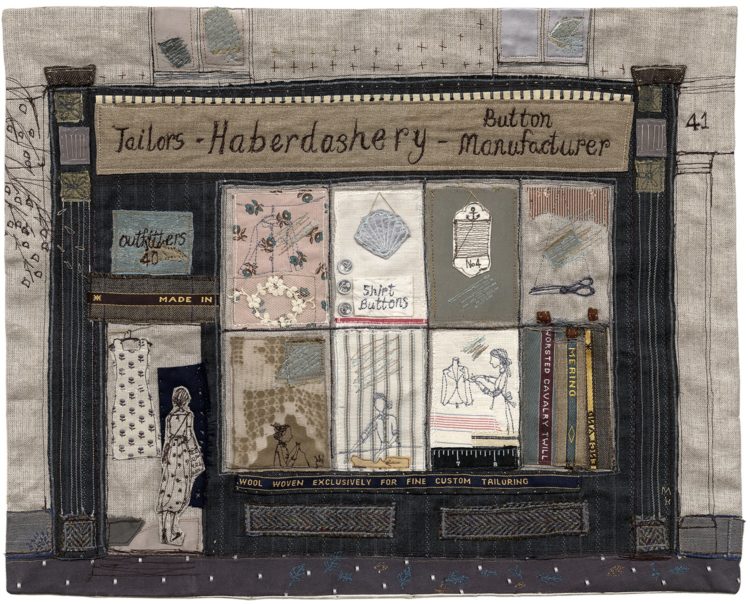 Michelle Holmes: The Haberdashery Shop, 2016, Linen, Cotton, Silk and wool. Free machine embroidery and hand stitching. appliqué
