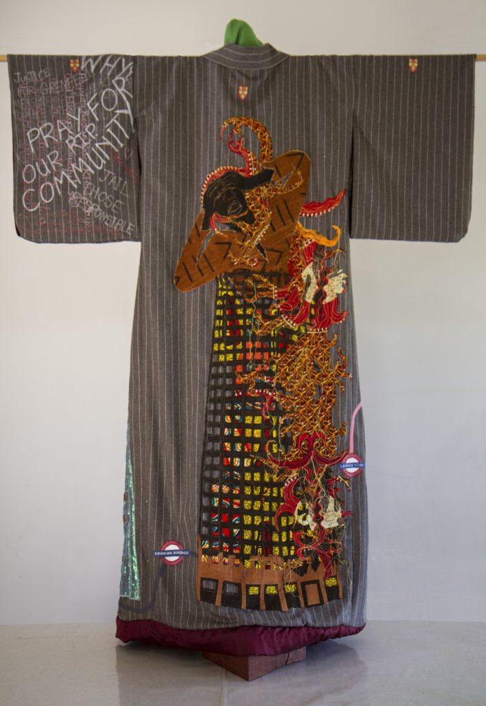 Deanna Tyson: Rapunzel, a Tale of Two Towers, 2019, 150cms x 140cms 15cms, Cashmere and wool suiting, satin, bark cloth, African wax cloth,  mud cloth, crystal organza, appliqué, machine embroidery, transfer printing, reverse applique and stitch 