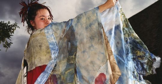 Deanna Tyson: Samurai Through Cherry Blossom (top half of Kimono), 1999, 150cms x 140cms x 15cms, Chinese silk, silk crepe, chiffon, metallic organza. Silk painting, collage, Markal oil sticks, hand embroidery, appliqué