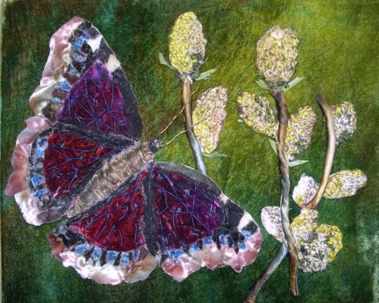 Julia van den Bosch: Camberwell Beauty butterfly on sallow flowers, 2016, 30 cm W x 25 cm H, Photography, water colour painting, overlaid with hand embroidery and applique