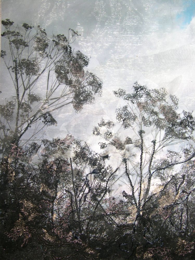 Julia van den Bosch: Hedge parsley on Ham lands, 2015, 40 cm W x 60 cm H, Photography, water colour painting, overlaid with hand embroidery and appliqué