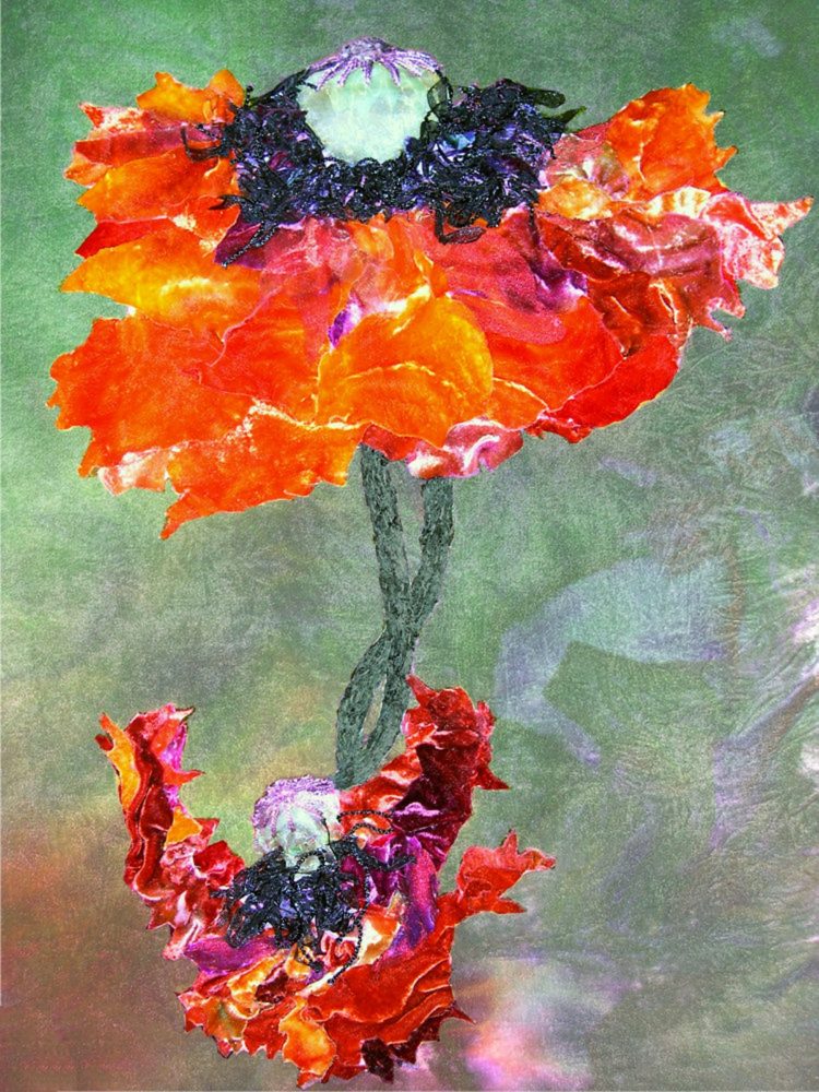 Julia van den Bosch: Oriental poppy, 2014, 50cm W x 80cm H, Photography, water colour painting, overlaid with hand embroidery and appliqué