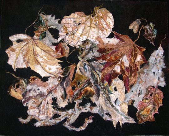 Julia van den Bosch: fallen leaves, 2019, 50 cm W x 40 cm H, Photography, watercolour painting, overlaid with hand embroidery and applique