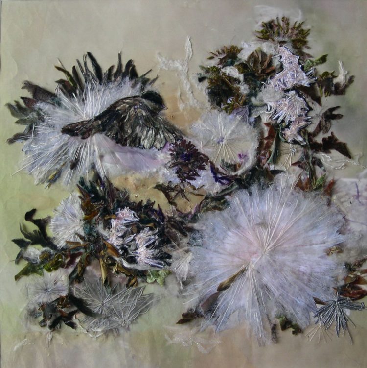 Julia van den Bosch: Thistledown, 2018, 45cm W x 60 cm H, Photography, watercolour painting, overlaid with hand embroidery and applique