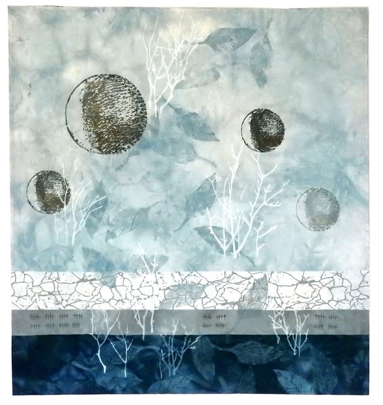 Regina Dunn: Across the Stillness, 2016, 30.5 x 28 inches, Cotton broadcloth, dyes, fabric paints, thread  Techniques: low water immersion dyeing, screen printing, stamping, fusing, hand stitching