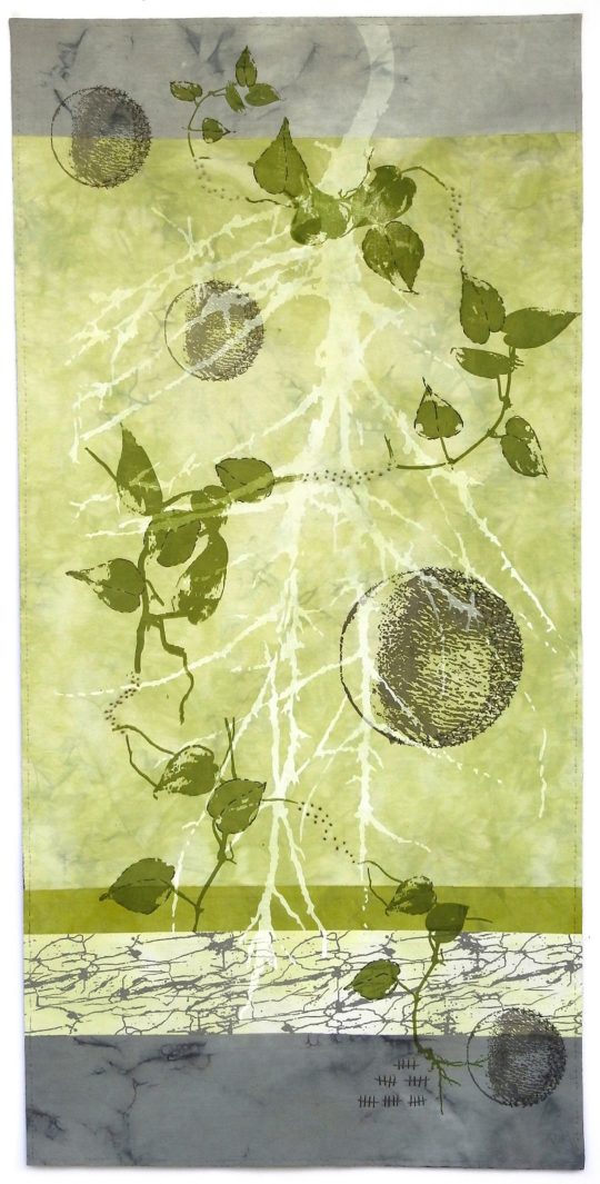 Regina Dunn: Taking Root, 2016, 40 x 19.5 inches, Cotton broadcloth, dyes, fabric paints, thread Techniques: low water immersion dyeing, screen printing, stenciling, fusing, hand stitching