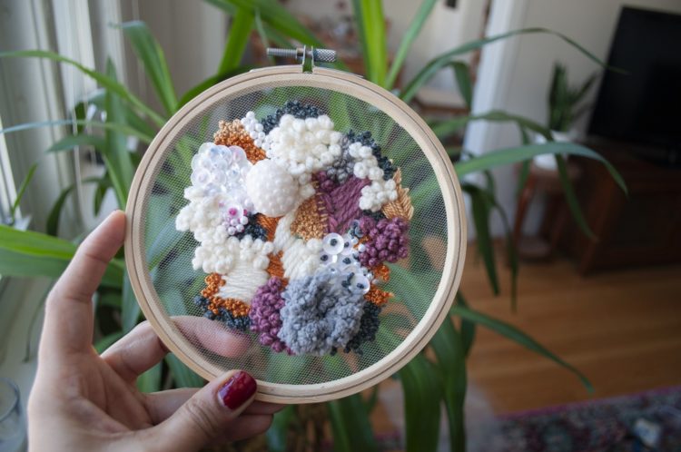 Amy Louise Baker: Lichen Cluster, 2019, 6" x  6", Embroidery, Beads, Sequins on Sheer fabric