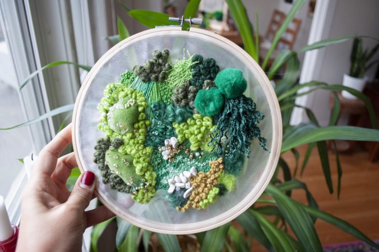 Amy Louise Baker: Moss Cluster, 2019, 8" x 8", Embroidery, Felting, Beading