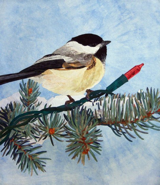 David Taylor: Christmas Chickadee, 2008, 49w x 57h, cotton fabrics, cotton batting, variegated cotton quilting threads; hand applique, machine quilting