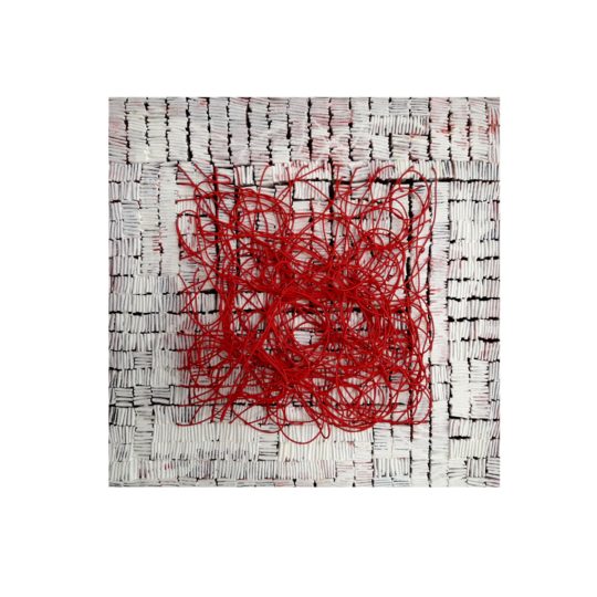 Rodrigo Franzão: What I feel, 2018, 81,5 cm x 81,5 cm x 10 cm, Elastic, synthetic enamel, ink marker, cotton fabric folded on wood