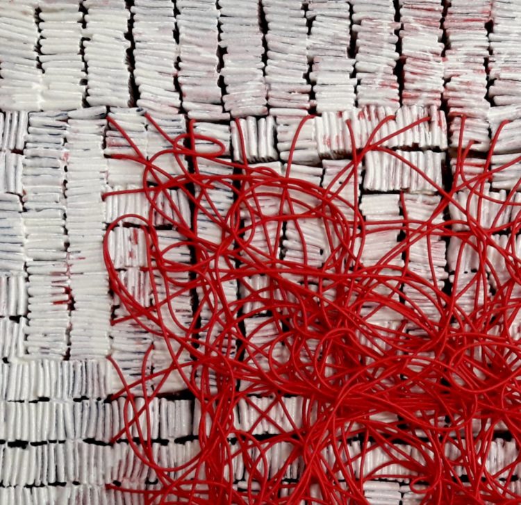 Rodrigo Franzão: What I feel (Detail), 2018, 81,5 cm x 81,5 cm x 10 cm, Elastic, synthetic enamel, ink marker, cotton fabric folded on wood