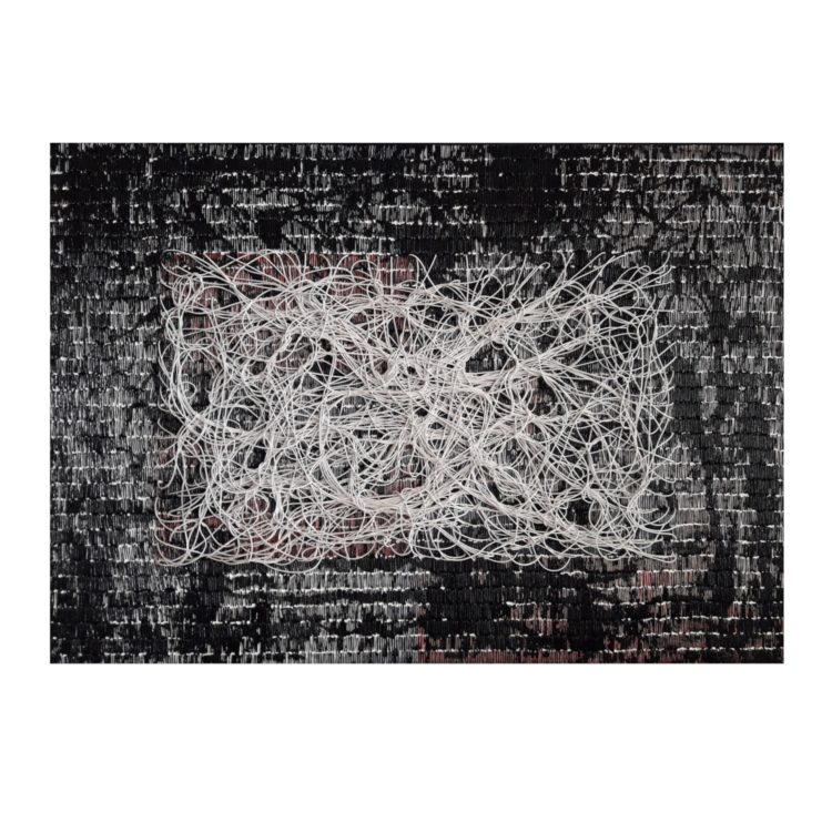 Rodrigo Franzão: What I hear, 2018, 100 cm x 140 cm x 10 cm, Elastic, synthetic enamel, ink marker, cotton fabric folded on canvas