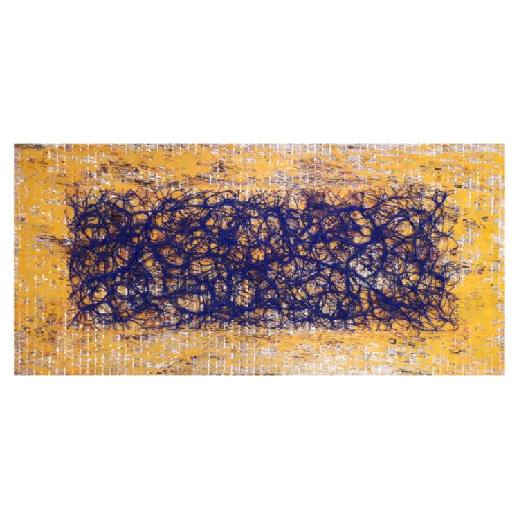 Rodrigo Franzão: What I see, 2018, 184 cm x 88,5 cm x 10 cm, Elastic, synthetic enamel, acrylic paint, ink marker, cotton fabric folded on wood