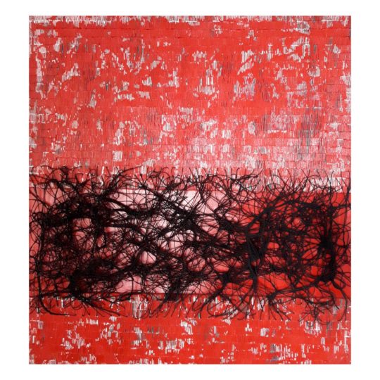 Rodrigo Franzão: What I touch, 2018, 125 cm x 117 cm x 10 cm, Elastic, synthetic enamel, acrylic paint, ink marker, cotton fabric folded on wood