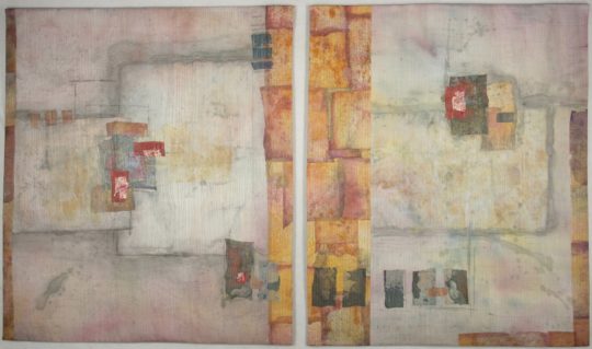 Peggy Brown: Alike But Not the Same II, 2015, 41 x 68, Silk, paper, watercolour paint. Painted, collaged and quilted