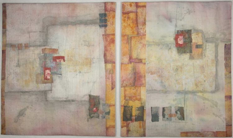 Peggy Brown: Alike But Not the Same II, 2015, 41 x 68, Silk, paper, watercolour paint.   Painted, collaged and quilted