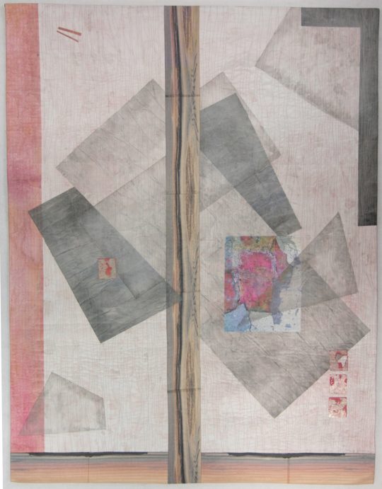 Peggy Brown: Angled, 2018, 50 x 39, Silk, paper, digital transfer, watercolor paint. Painted, collaged and quilted
