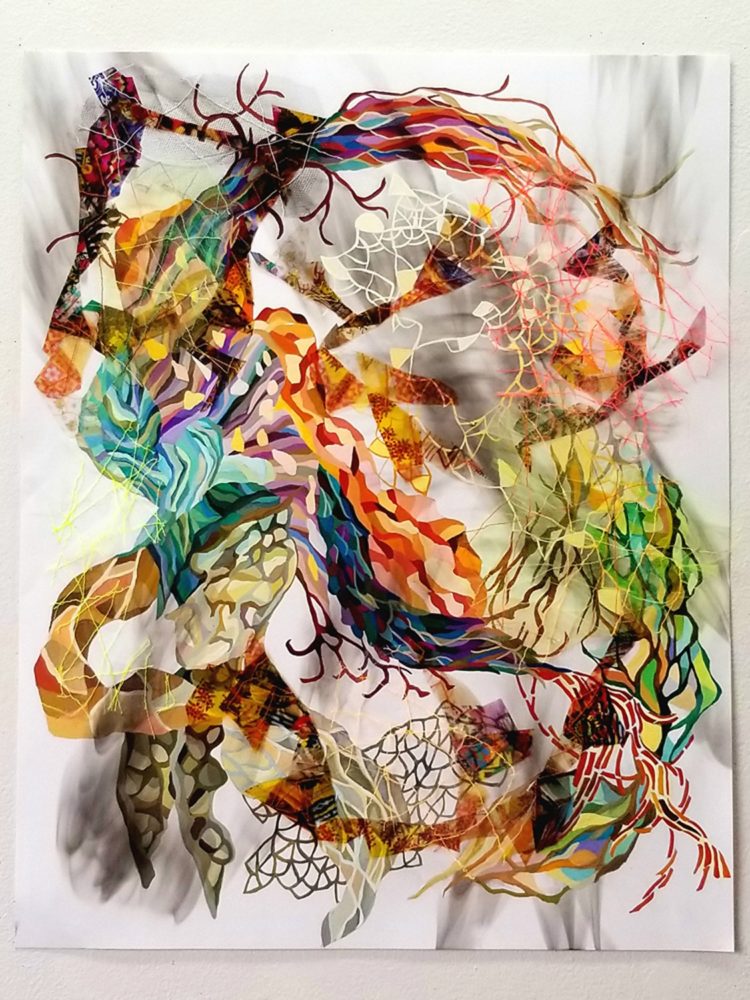 Holly Wong: Calypso 2, 2019, 19" x 24", Gouache, candle smoke, sewn transparencies and fabric on paper