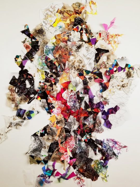 Holly Wong: Lost Language, 2018, 6’H x 4’W, Embroidered linen, fabric, tulle, painted paper, magazine clippings and thread
