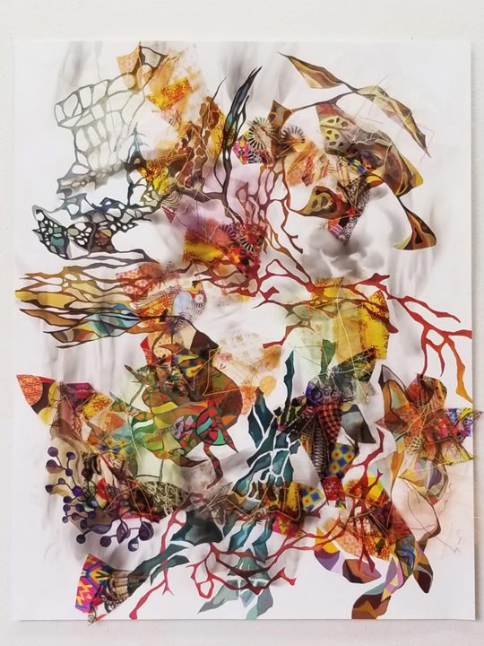 Holly Wong: Calypso I, 2019, 19"W x 24"H, Gouache, candle smoke, sewn transparencies and fabric on paper