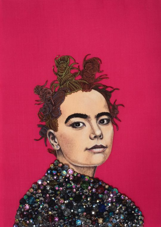 Jane Sanders: Bjork, 2019, 30cm x 42cm, sewn felt , vintage glass beads