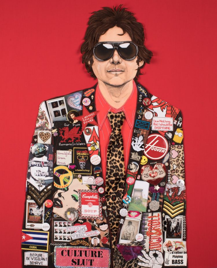 Jane Sanders: Nicky Wire, 2019, 65cm x 81cm, sewn fabric adorned with fans contributions, badges, needlework, embroidery, patches etc