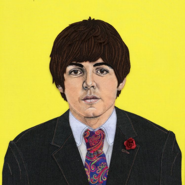 Jane Sanders: Paul McCartney, 2019, 30cm x 30cm, sewn felt, tweed, paisley pocket handkerchief and paper rose