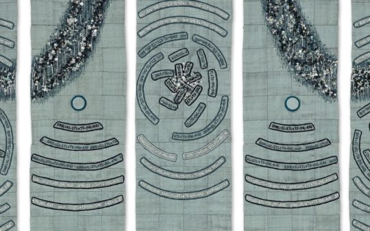 Lindsay Olson: “Rhythmic Sound: Active Acoustics” (Detail) 36” x 48” Cotton, beads, collage on dupioni silk. Photo credit: Cindy Trim