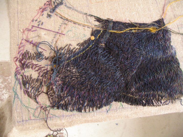 Ruth Miller: The Evocationation and Capture of Aphrodite (Detail), 2014 (in progress), Hand-stitched embroidery, wool on fabric