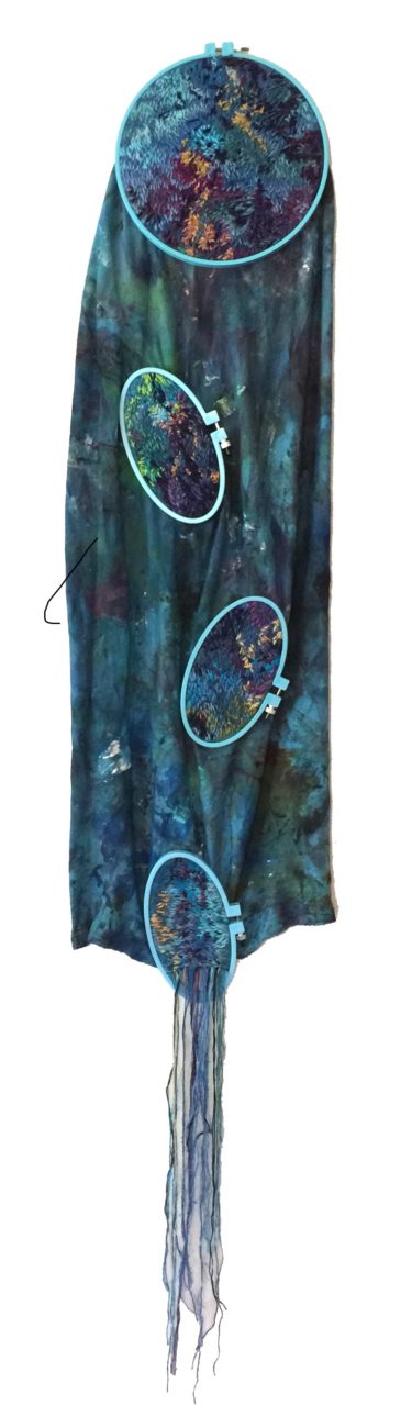 Patricia Brown: Remnant 11: Overlook Falls, 2019, 11inches w x 55 inches h, cotton floss on paint rags, acrylics, embroidery hoops