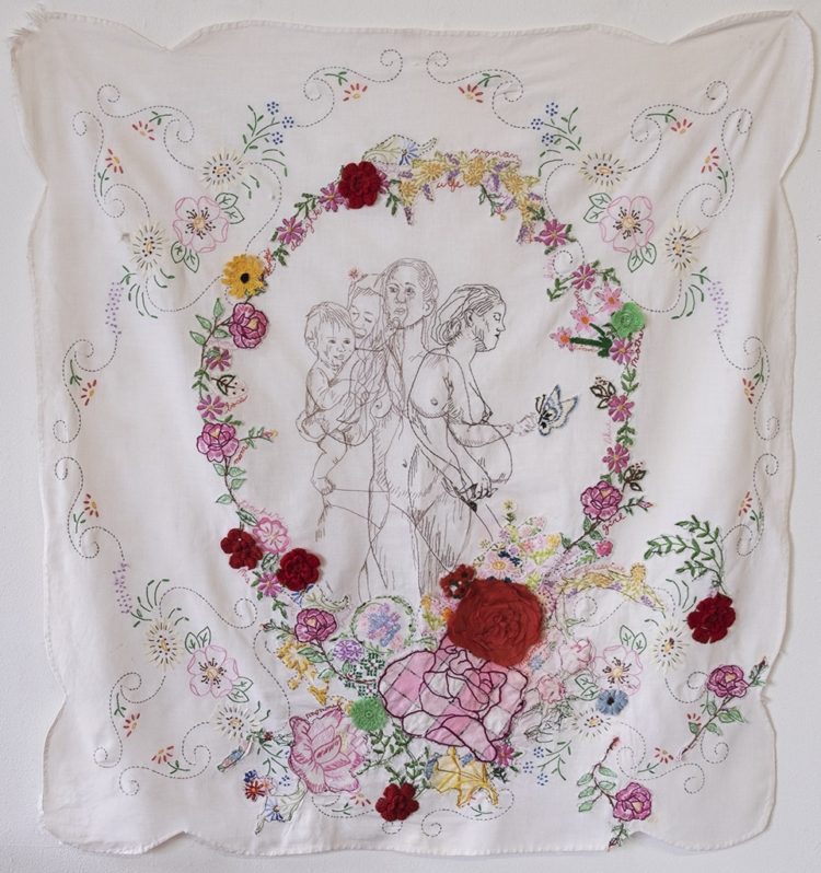 Joetta Maue: Becoming whole, 2019, 38 x 38 in, hand embroidery and applique with and on found linen