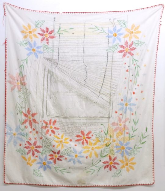 Joetta Maue: In beween, 2016, 43 x 36in, hand embroidery on found linen