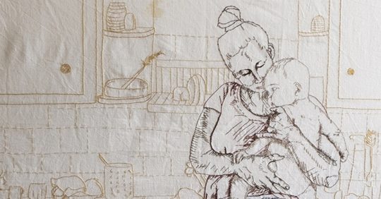 Joetta Maue: Mother and Child (Detail), 2018, 42 x 42 in, hand embroidery on found linen